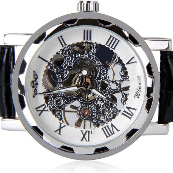 Unisex Black Leather Stylish White Skeleton Dial Hand-Wind Up Mechanical Casual - Picture 3 of 6